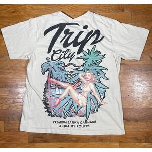Trip‎ City Rollers Shirt Sz L Cannabis Tan Graphic Big Print Sativa Hawaiian